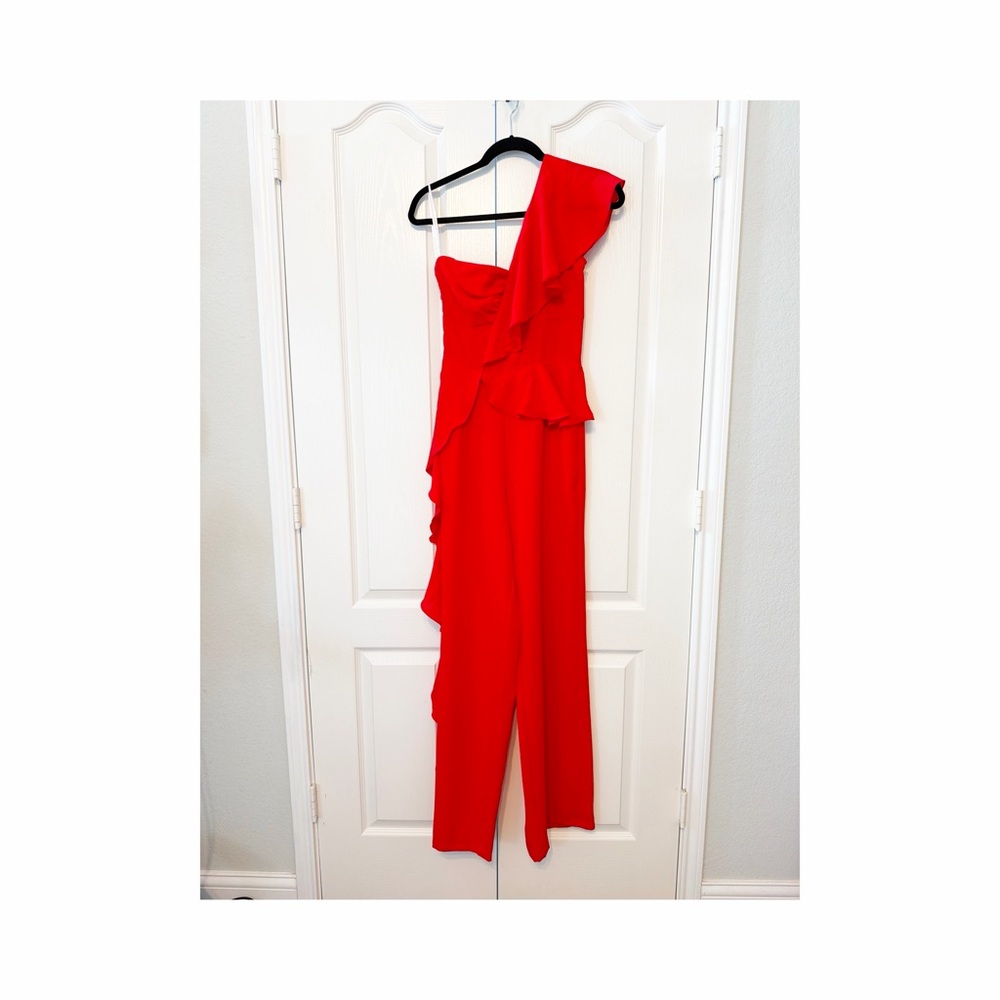 VENUS One Shoulder Ruffle Trim Jumpsuit Vibrant Red Size US 2